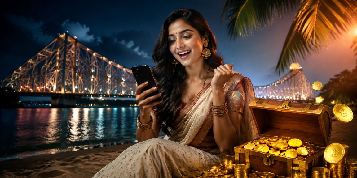 User registering account on mobile device at Kolkata beach