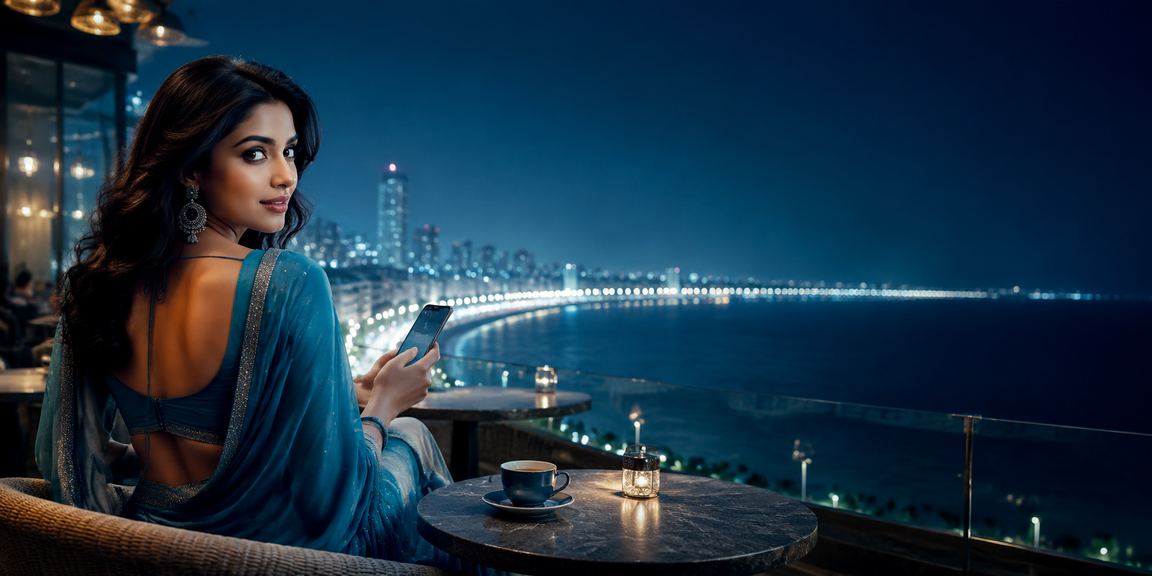 Woman using mobile casino app near Marine Drive Mumbai